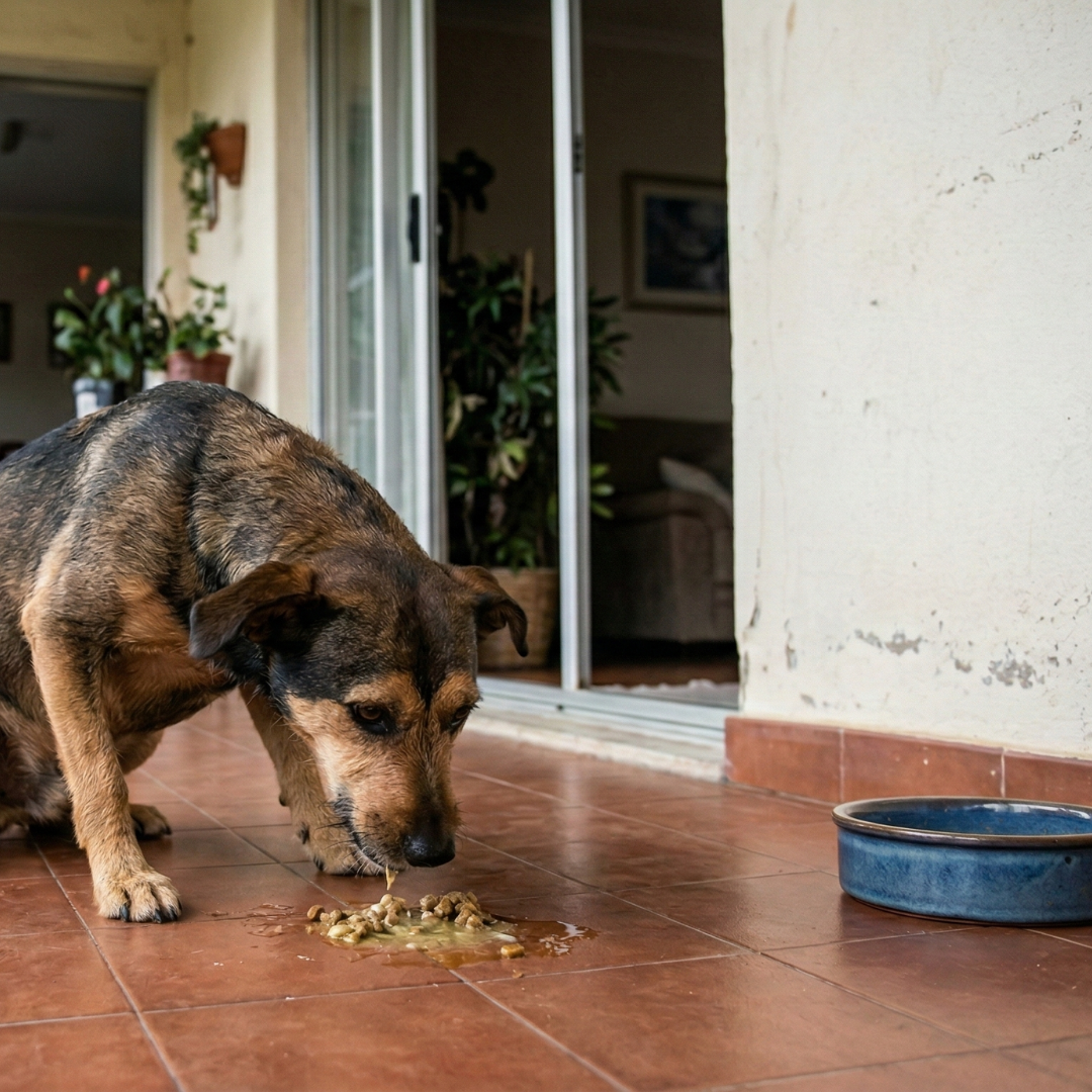 Cão vomitando após comer rápido